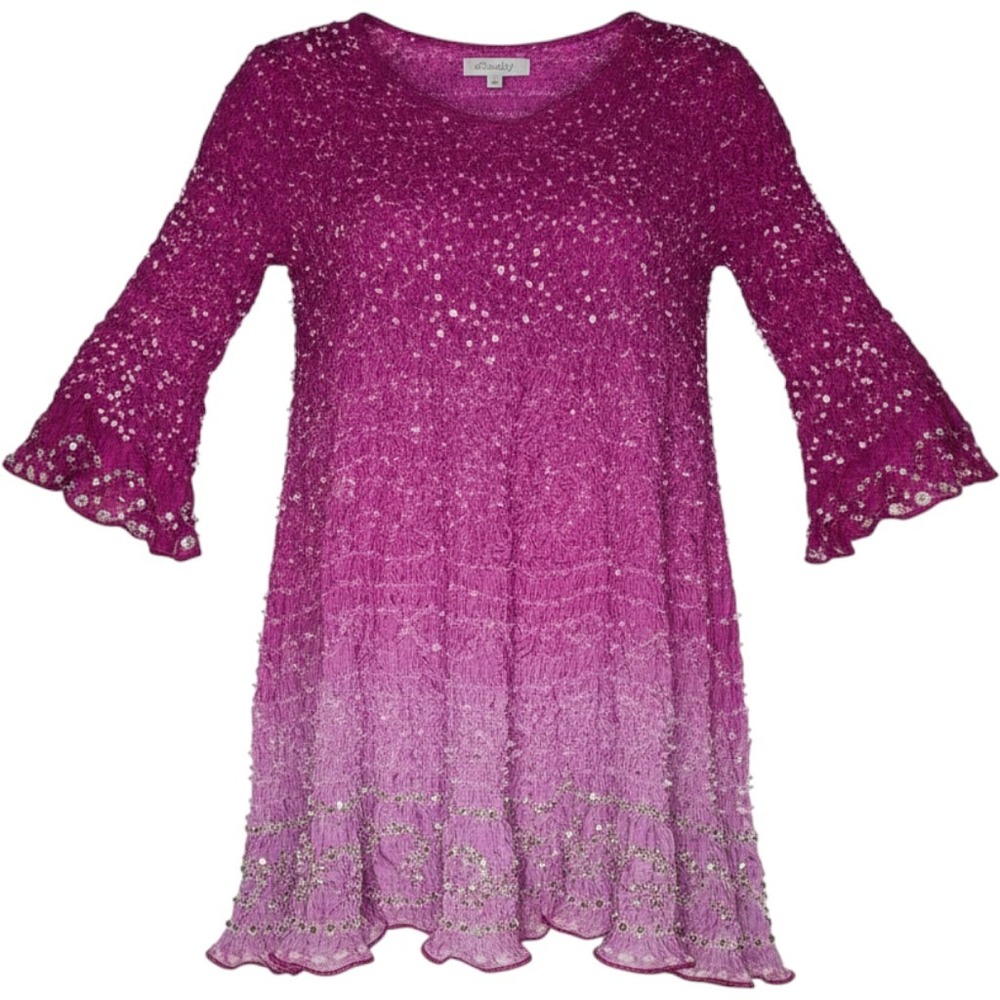 Chaudry Silk Popcorn Top Magenta Ombre Sequin Bell Sleeve Blouse 8195 NEW